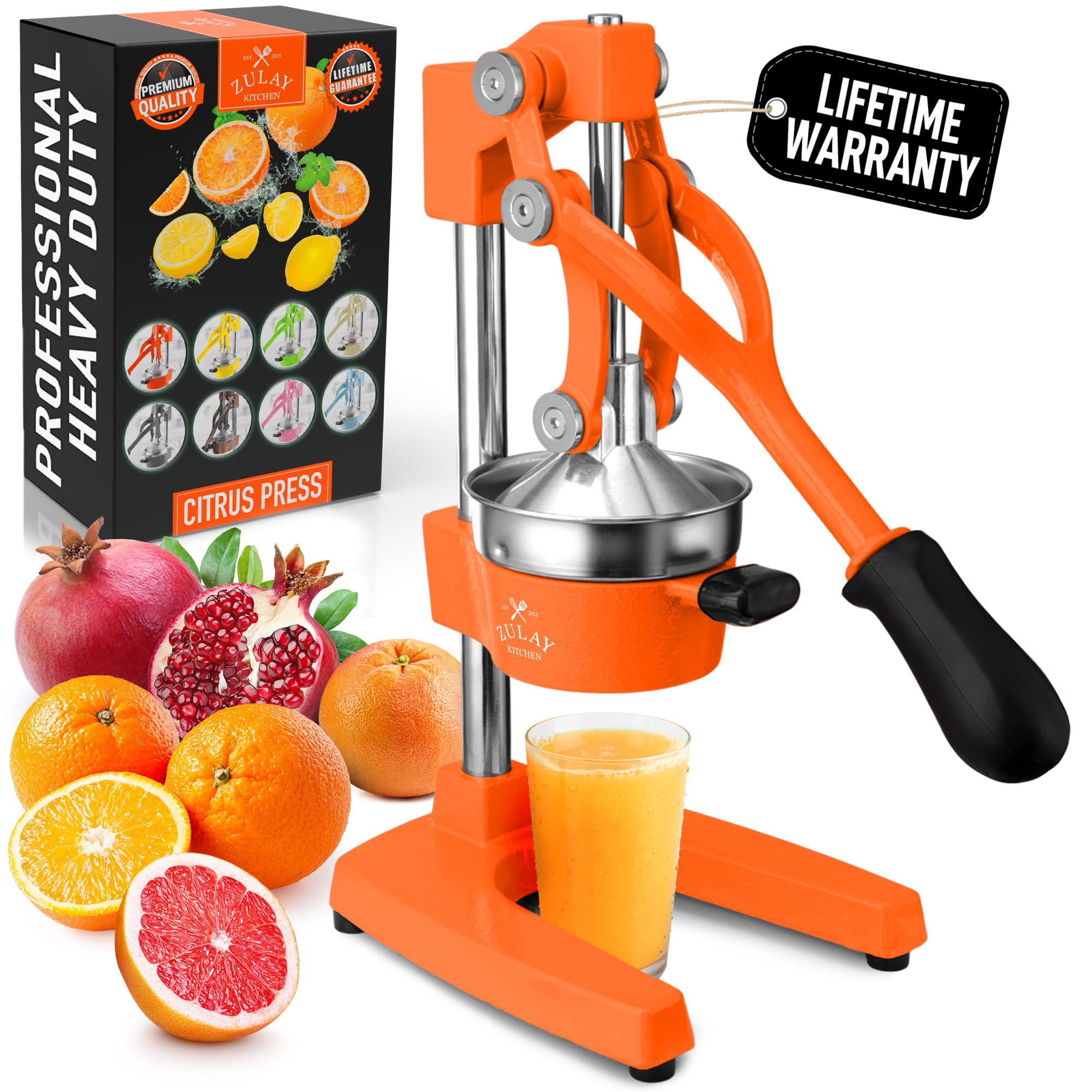 Zulay Kitchen Cast Iron Juicer - Easy-to-Clean Heavy-Duty Manual Juicer, Professional Citrus Juicer - Stainless Steel Lemon Squeezer - Manual Citrus Press & Orange Squeezer - Orange Juicer (Orange)
