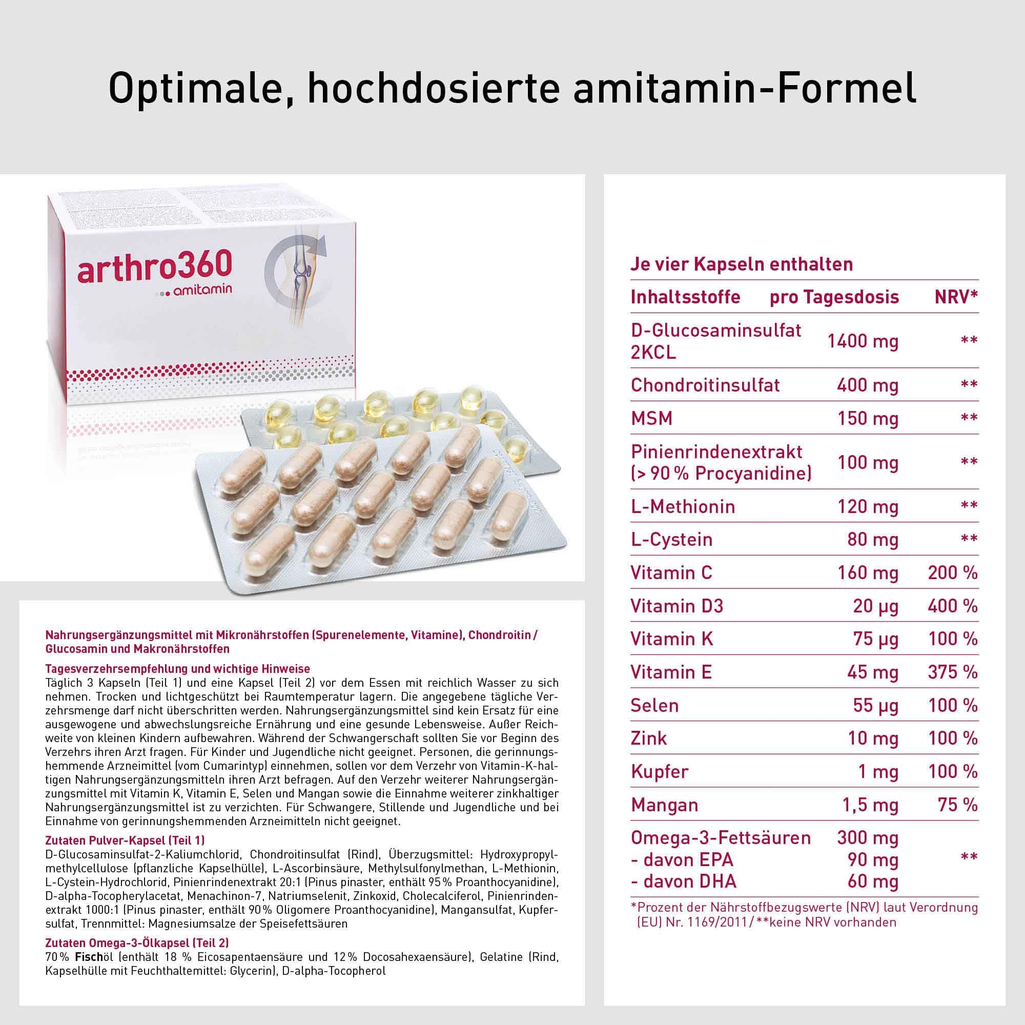 amitamin arthro360 Komplex | Glucosamin, Chondroitin, MSM, Omega3 plus 12 weitere Mikronährstoffe | 120 Kapseln | Apothekenqualität seit 2010 | deutsche Herstellung | einzeln hygienisch verpackt