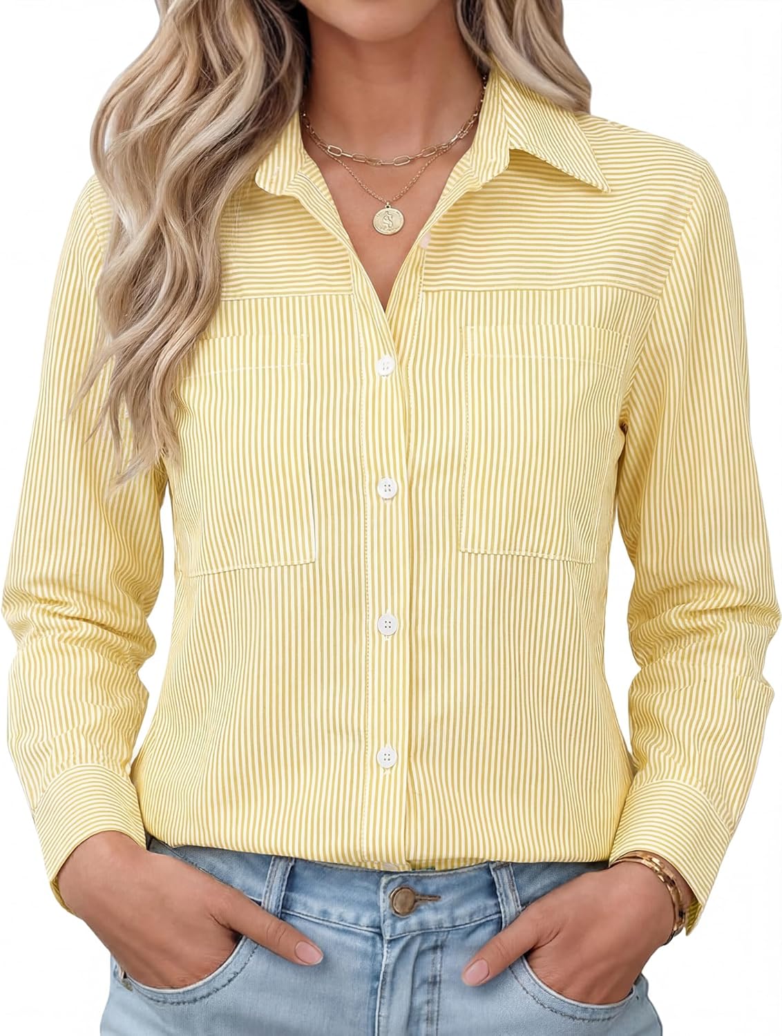 Kistore Womens Button Down Shirts Striped Linen Long Sleeve Blouses Business Casual Office Work Tops Loose Fit with Pockets