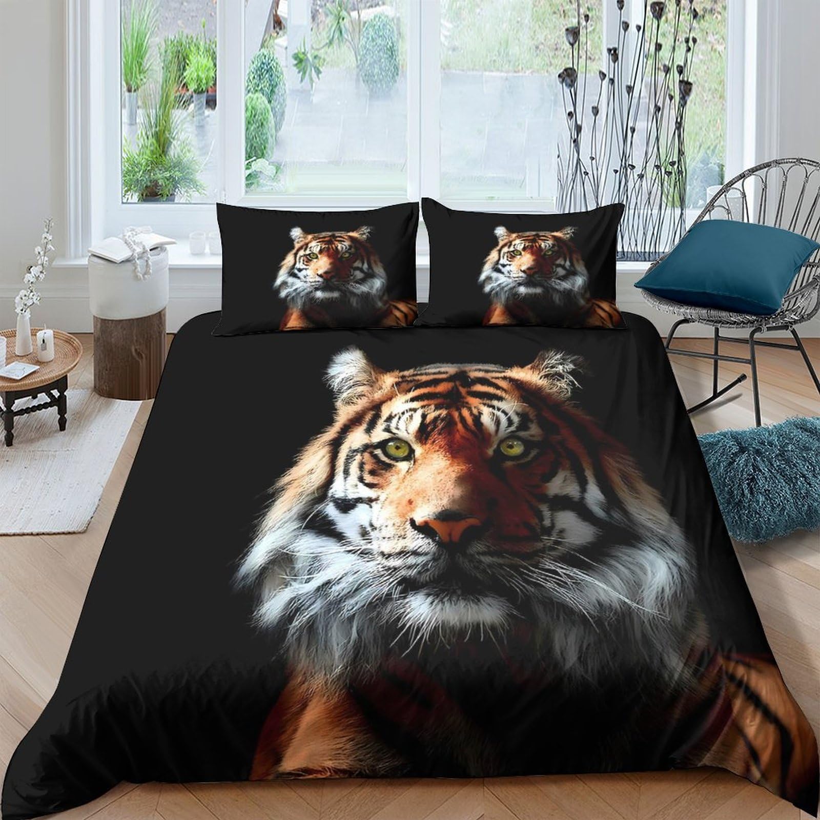 GPLZQXKJNH 3D Printed Tiger Face Duvet Cover Microfiber Soft Breathable Wild Animal Quilt Cover Set with 2 Pillowcases for Bedroom Decor Single（135x200cm）