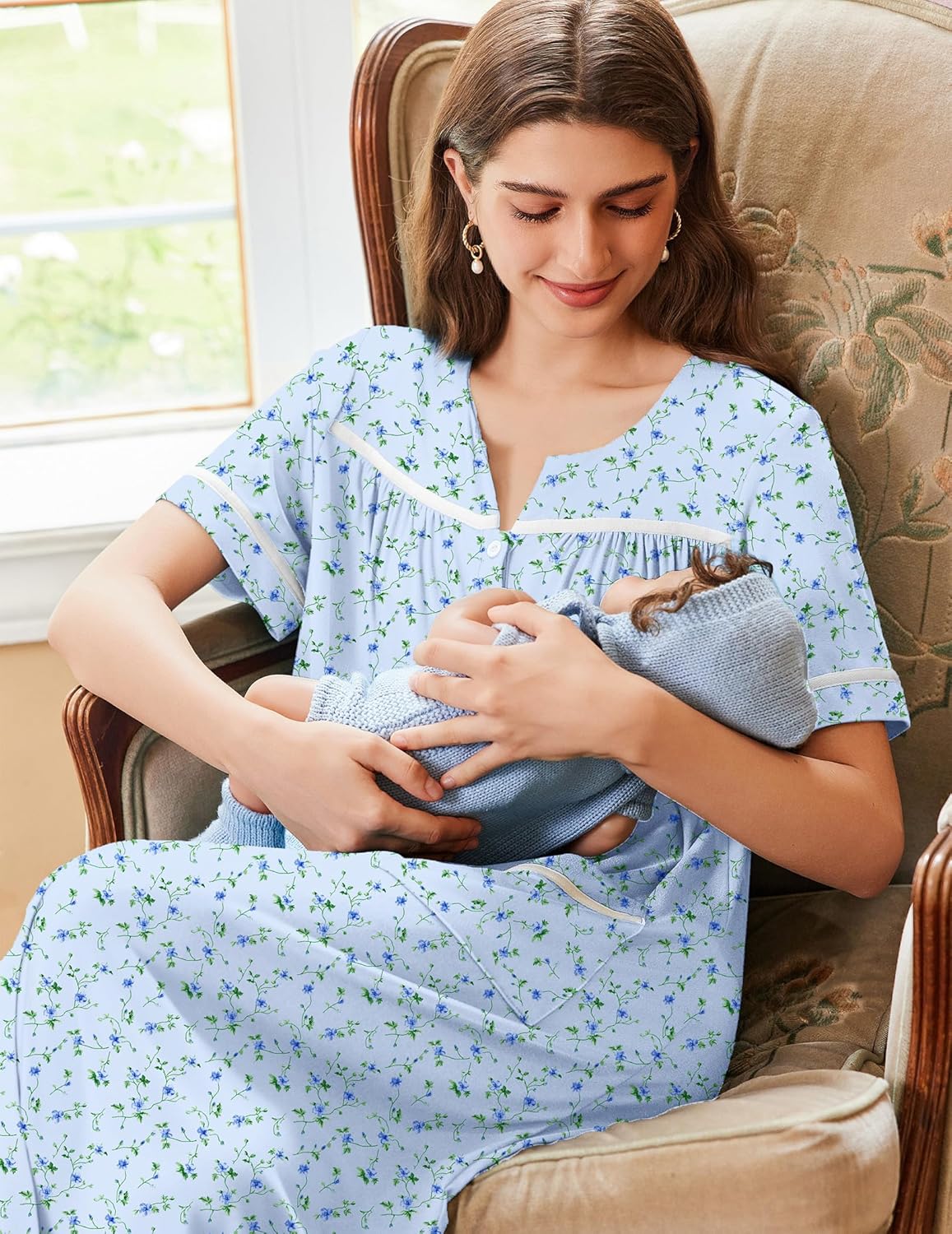 Ekouaer Nightgowns for Women House Dress with Pockets Button Down Sleepshirt Short Sleeve Nightshirt Housecoat S-XXXL - Image 5