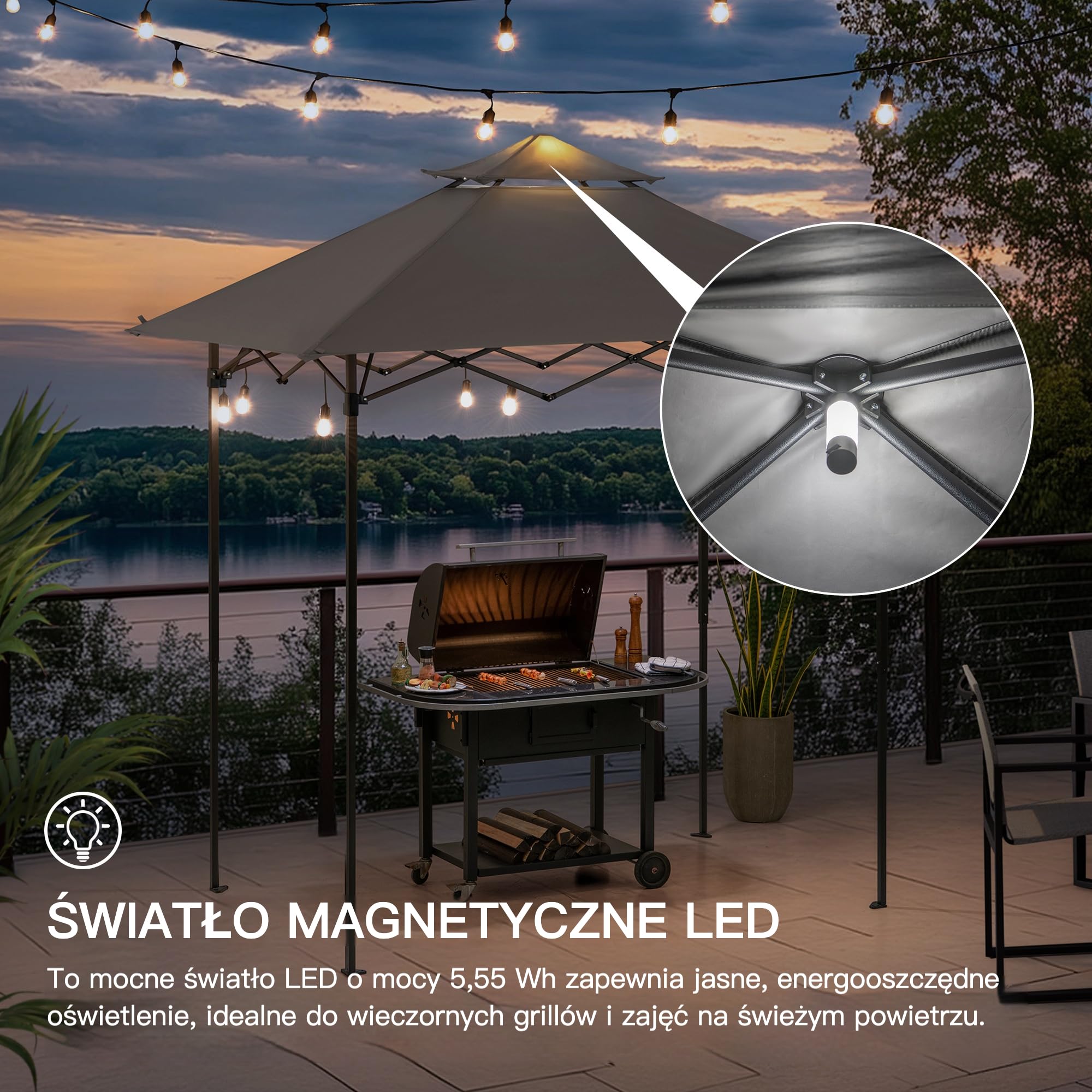SUNJOY Rozsuwany Namiot Grillowy 1.5 x 2.4 m z Magnetycznym Światłem LED i Pokrowcem Do Przenoszenia, Idealny na Grilla, Pikniki, Imprezy Plenerowe, Szary