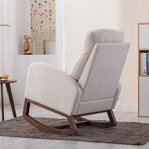 Miniatura 4 de Krinana Moderna mecedora para guardería con patas de madera maciza, silla deslizadora para guardería con dos bolsillos laterales, silla mecedora