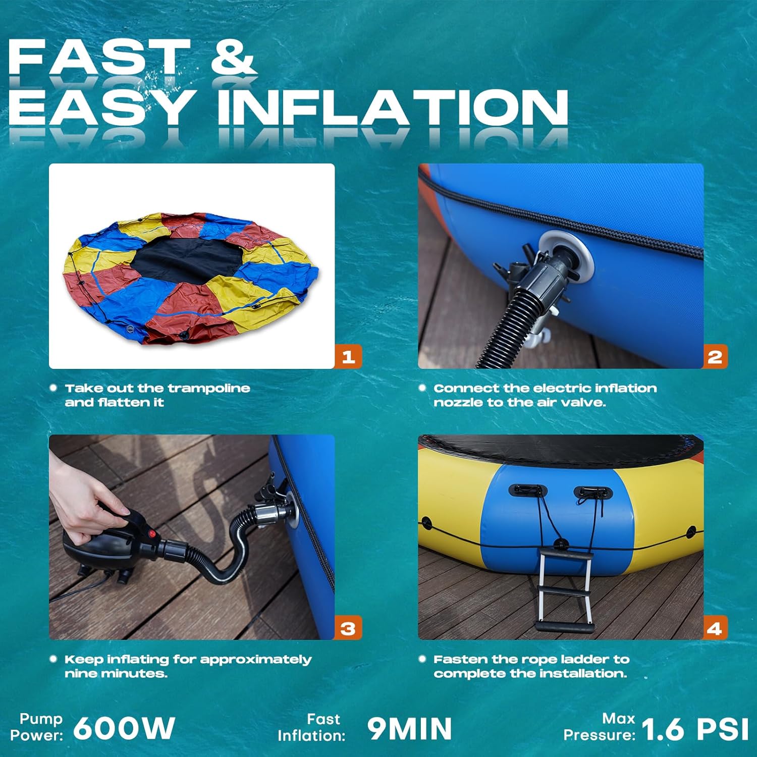 Beyond Marina Inflatable Water Trampoline, 10FT, 12FT, 15FT Inflatabler Water Bouncer for Lake, Pool, Ocean, Blue and Green, Yellow and Orange