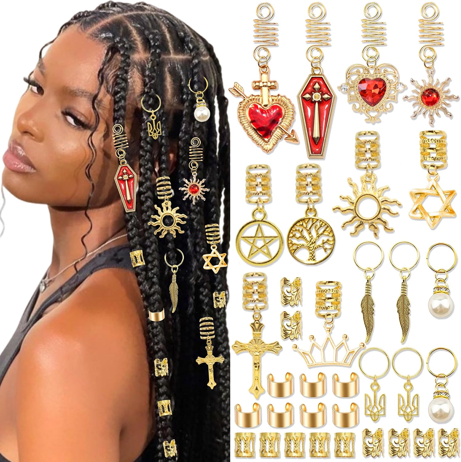 VENOFEN 42PCS Gold Hair Jewelry Cross Loc Charms for Braid Metal Cuffs Rings Pearl Braid Clips Valentine's Day Dreadlock Accessories for Women and Girls