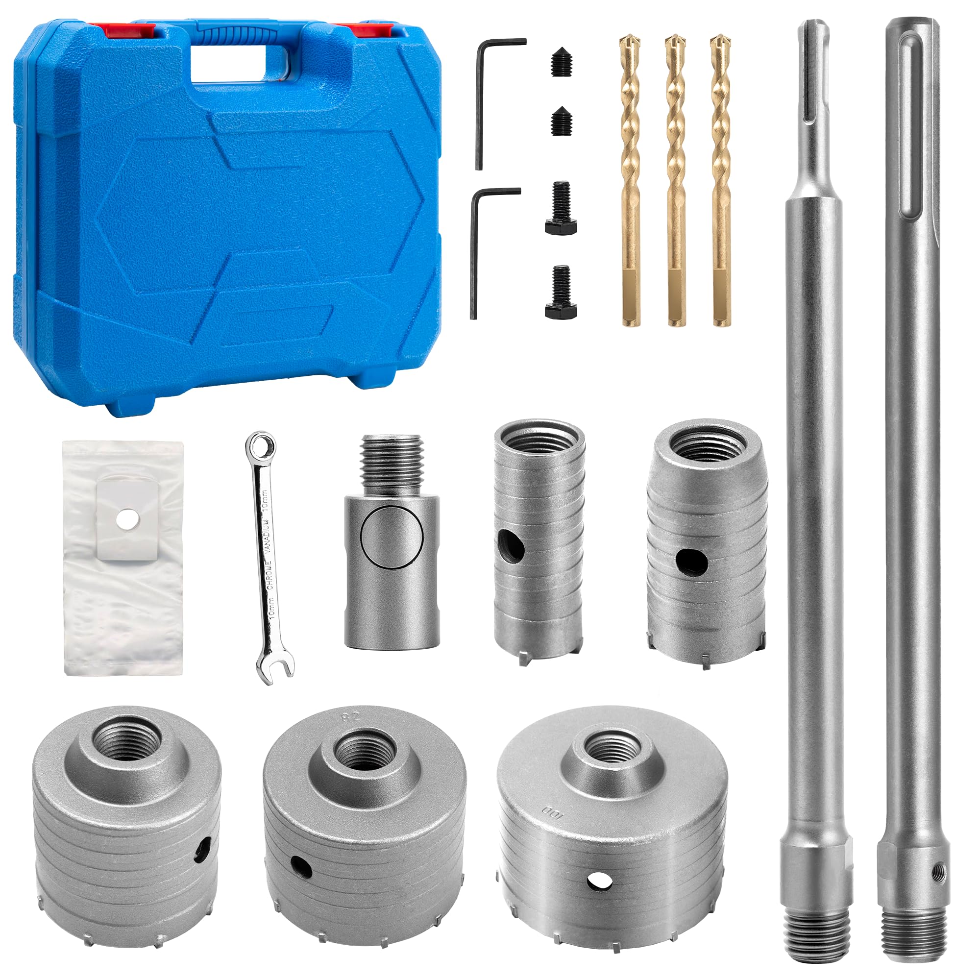 Kit Seghetti a Tazza per Calcestruzzo Set di Trapano a Testa Cava 30/40/68/82/100 mm, con Adattatore SDS Plus & Max e Convertitori Veloci Fresa a Tazza Carotatrice per Pietra Muratura Cemento