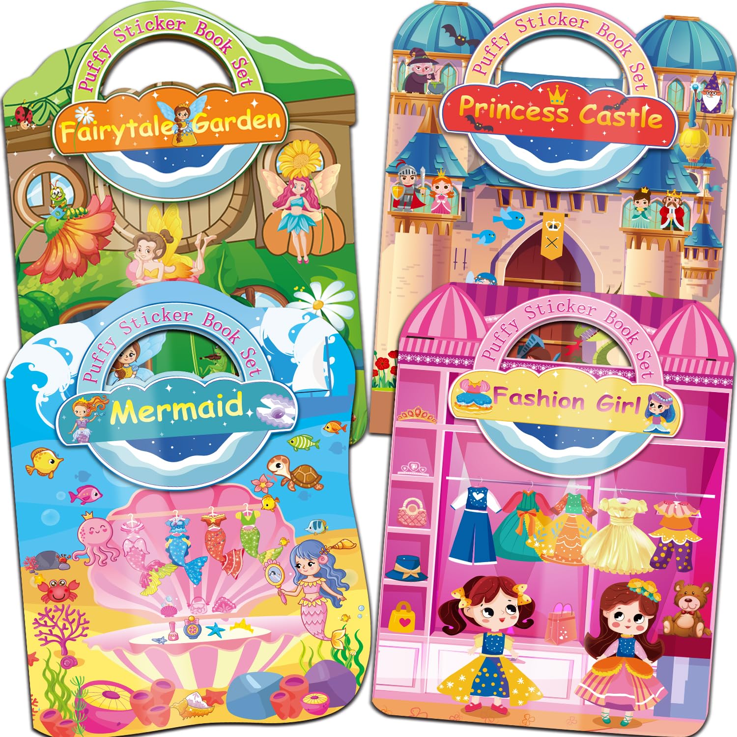 Kalysky Dress Up Sticker Books for Girls Ages 2-4 4-8, Reusable Puffy 3D Sticker Books for Toddlers 2-4 Years Include Princess Mermaid Fairy and Fashion Girl,Activity Books for Toddlers 1-3