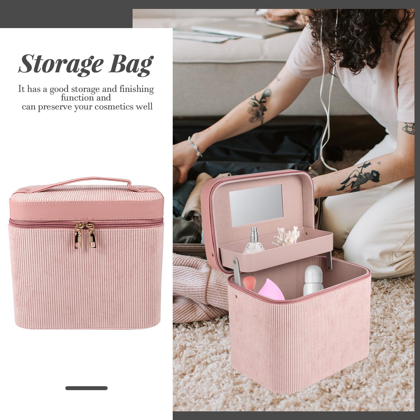 Hohopeti Doppellagige Kosmetiktasche Damen mit Spiegel Robuste Reisekosmetiktasche Rosa Tragbarer Kulturbeutel für Make Up und Hautpflege