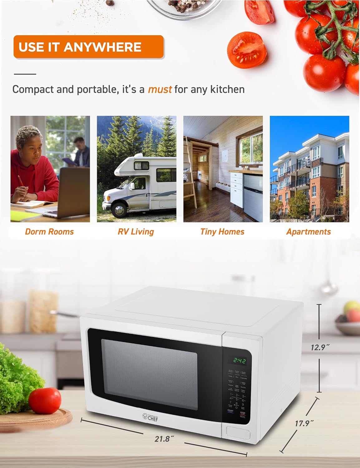 Commercial Chef 1.6 Cubic Foot Microwave with 10 Power Levels, Small Microwave with Push Button Child Safety Lock, 1100 Watt Microwave with Digital Control Panels, Countertop Microwave & Timer, White