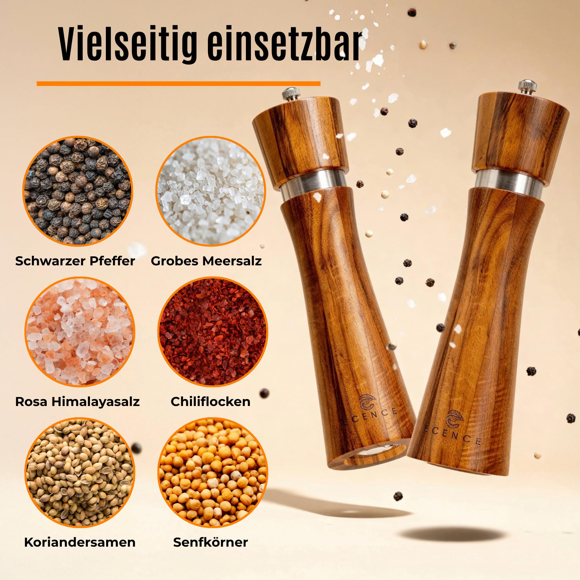 ECENCE Salz und Pfeffermühle Holz 2er Set aus Akazienholz | Gewürzmühle mit Keramikmahlwerk inkl. Reinigungspinsel und Untersetzer