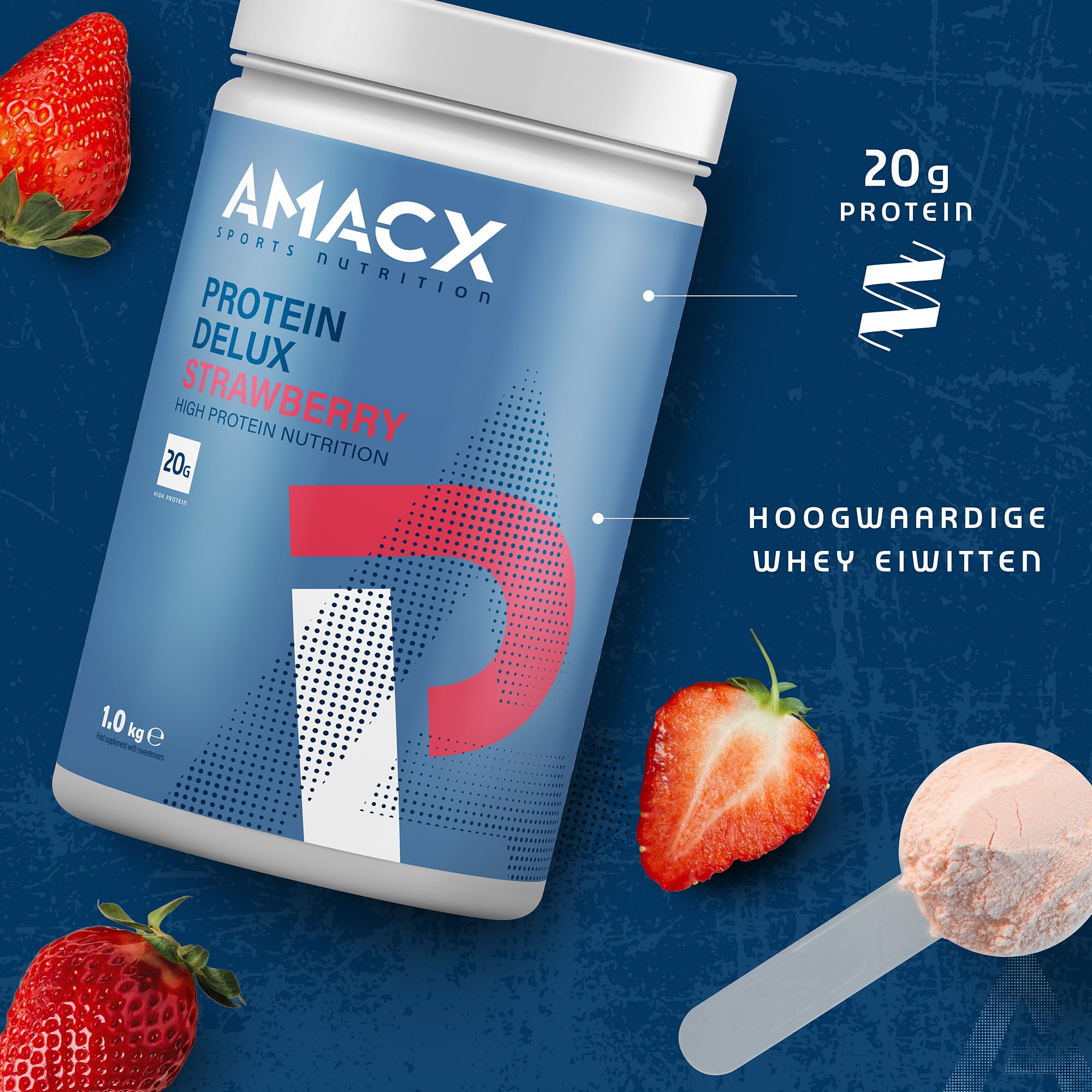 AMACX Protein Delux – 1kg Protein Shake avec Whey Protein Isolate – Proteine Powder Nutrition Sportive – Poudre de Protéine pour le Développement Musculaire et la Récupération – Fraise