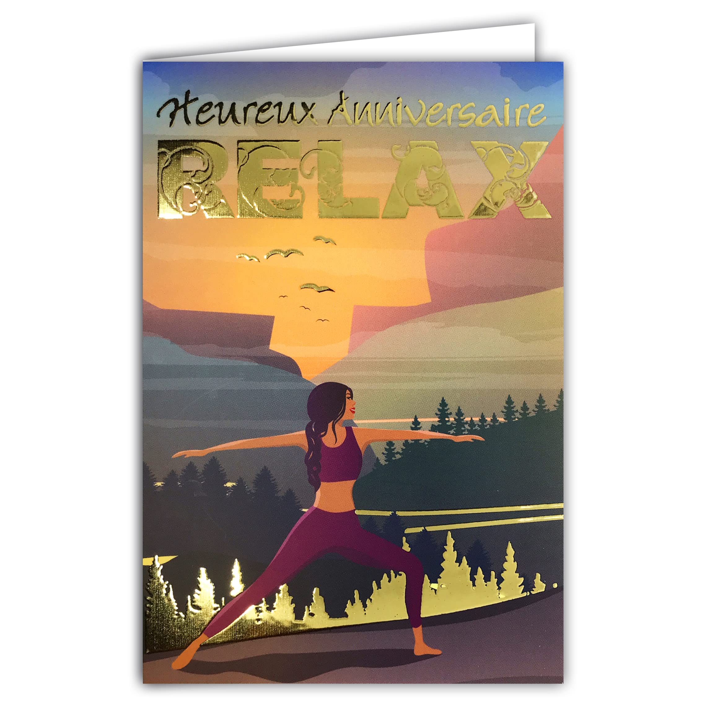 Afie 65-1405 Birthday Card Woman Girl Sportive Relax Gold Shiny Gold Meditation No Stress Zen Cool Yoga Gym Pilates Stretching Landscape Forest with White Envelope Size 17.5 x 12 cm