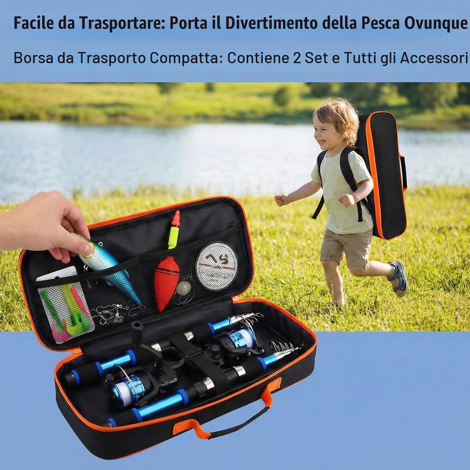 Set di 2 accessori da pesca, telescopico, canna da pesca, 1,8 m, con rotolo, esca, grande galleggiante, campana, borsa per il trasporto