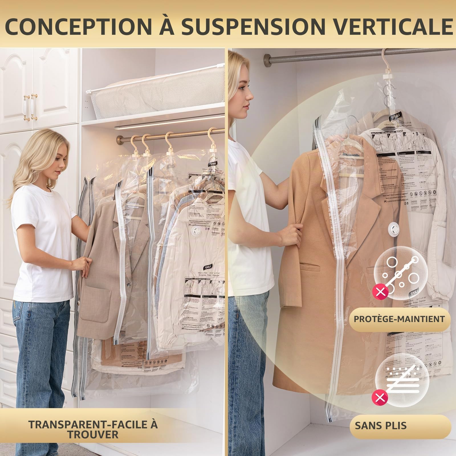 TAILI Sacs de Rangement sous Vide Suspendus pour vêtements, 6 paquets (105x70cm), Housse sous Vide pour costumes, manteaux, vestes, organisateur de placard Sacs à Suspendre