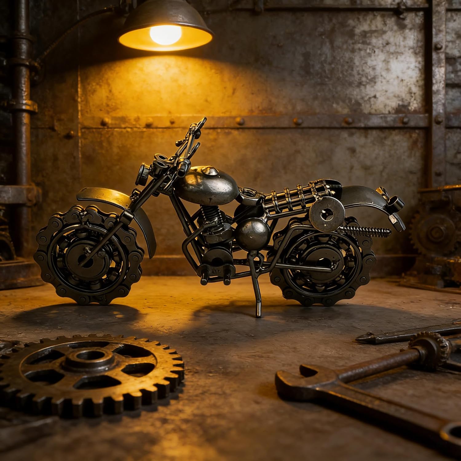TRANSGOOD Handmade Motorcycle Model with Rolling Wheels, 9" Vintage Steampunk Bike Sculpture, Heavy-Duty Iron Desk Decor, Unique Biker Gift for Dad Husband, Industrial Man Cave Office Home Art (B03)