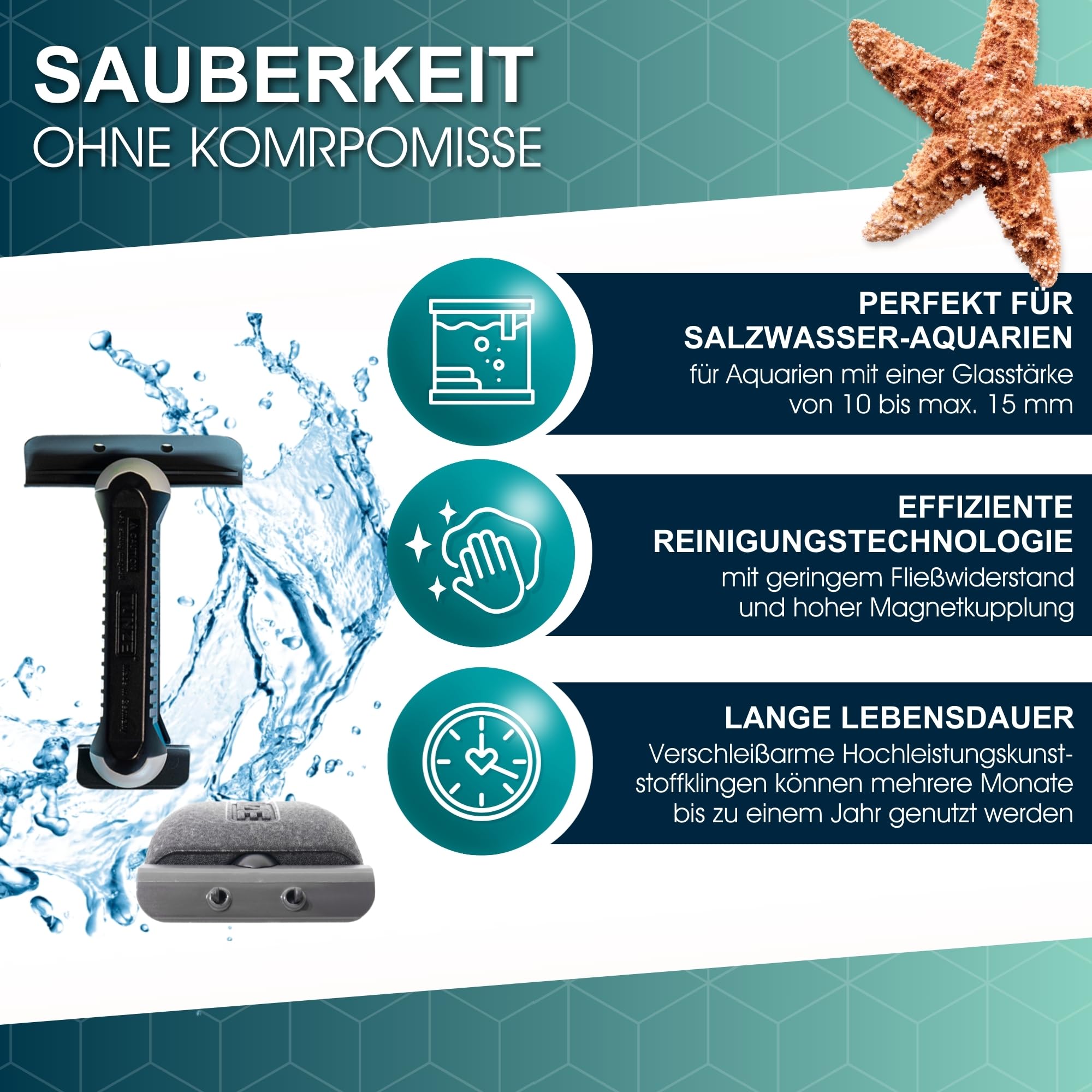 TUNZE Care Magnet Long I Aquarienreiniger für 10-15 mm Glasstärke I schlanker Scheibenreiniger mit abgerundeter Edelstahlklinge I Algenmagnet mit stark minimierter Kratzgefahr I Aquariumglas-Reiniger