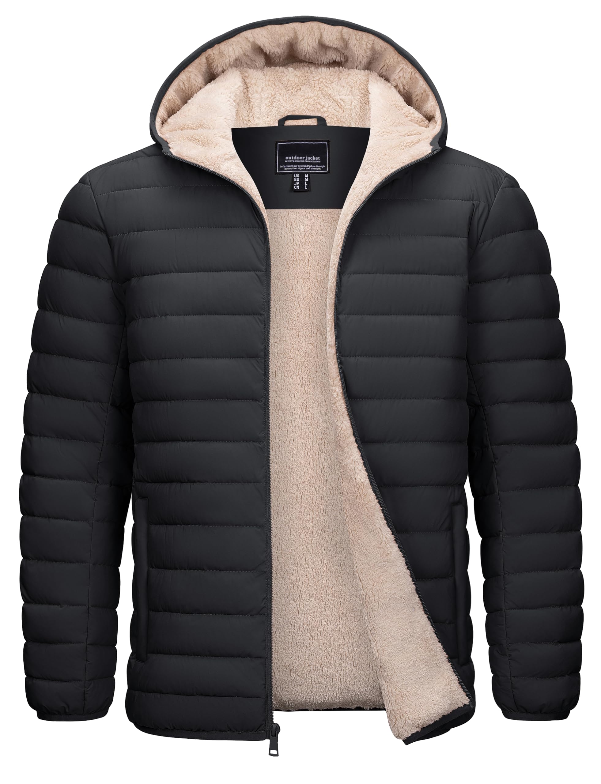 Cotrasen Mens Puffer Jacket Sherpa Lined Water Resistant Hooded Full Zip Mid-Weight Warm Insulated Winter Coat