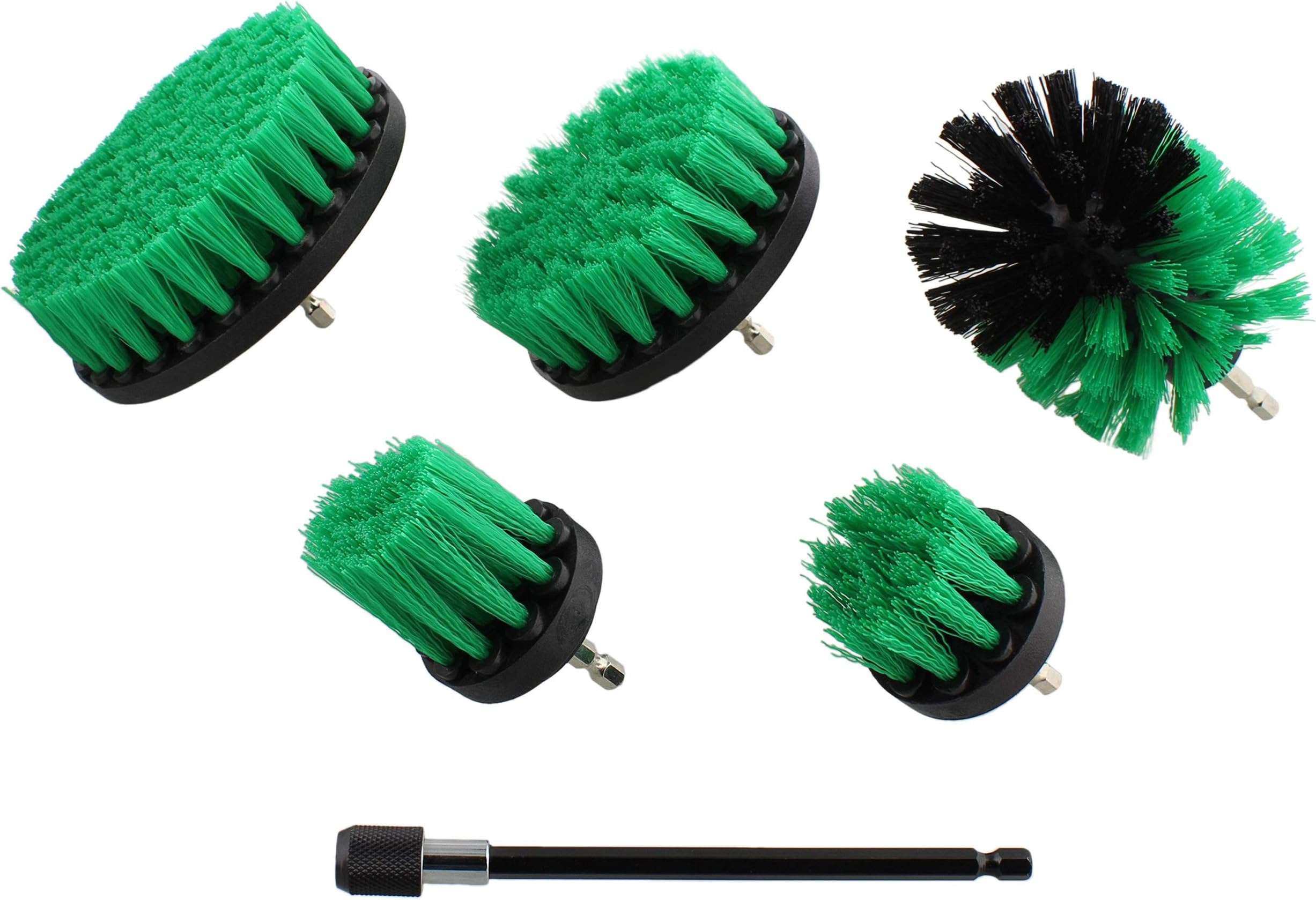 ABN 1/4in Drive Nylon Power Scrubber Drill Brush Attachment 5pc Set with 1pc Extension - Shower Cleaner, Spa Hot Tub Scrubber, Carpet Brush, Grout Cleaner for Home and Auto Car - Green Medium Bristle