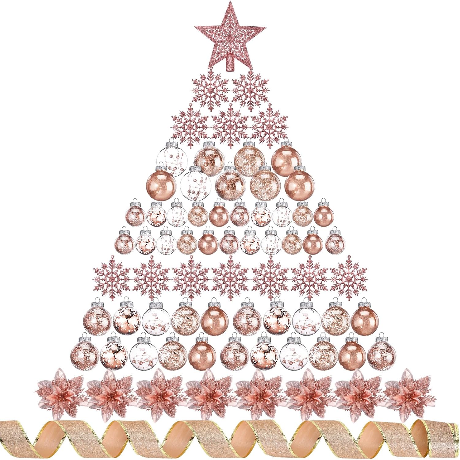 Jenaai 74 Pcs Christmas Ball Ornaments Set Plastic Shatterproof Christmas Tree Decorations with Hanging Snowflakes Ribbons Artificial Poinsettia Flowers Tree Topper for Xmas Decor(Rose Gold)