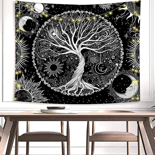 Miniatura 4 de AACKart Tapiz de árbol de la vida para dormitorio, decoración estética de habitación, tapiz blanco y negro, tapiz de sol y luna, tapiz espiritual,