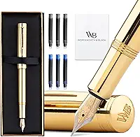 Caneta tinteiro Wordsworth e banhada a ouro preto (média), caneta de luxo, caneta de bolso pesado com acabamento em ouro 24K, conversor de tinta, melhor conjunto de canetas de escrita EDC para homens