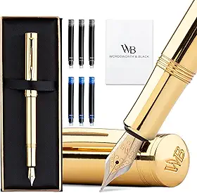 Caneta tinteiro Wordsworth e banhada a ouro preto (média), caneta de luxo, caneta de bolso pesado com acabamento em ouro 24K, conversor de tinta, melhor conjunto de canetas de escrita EDC para homens