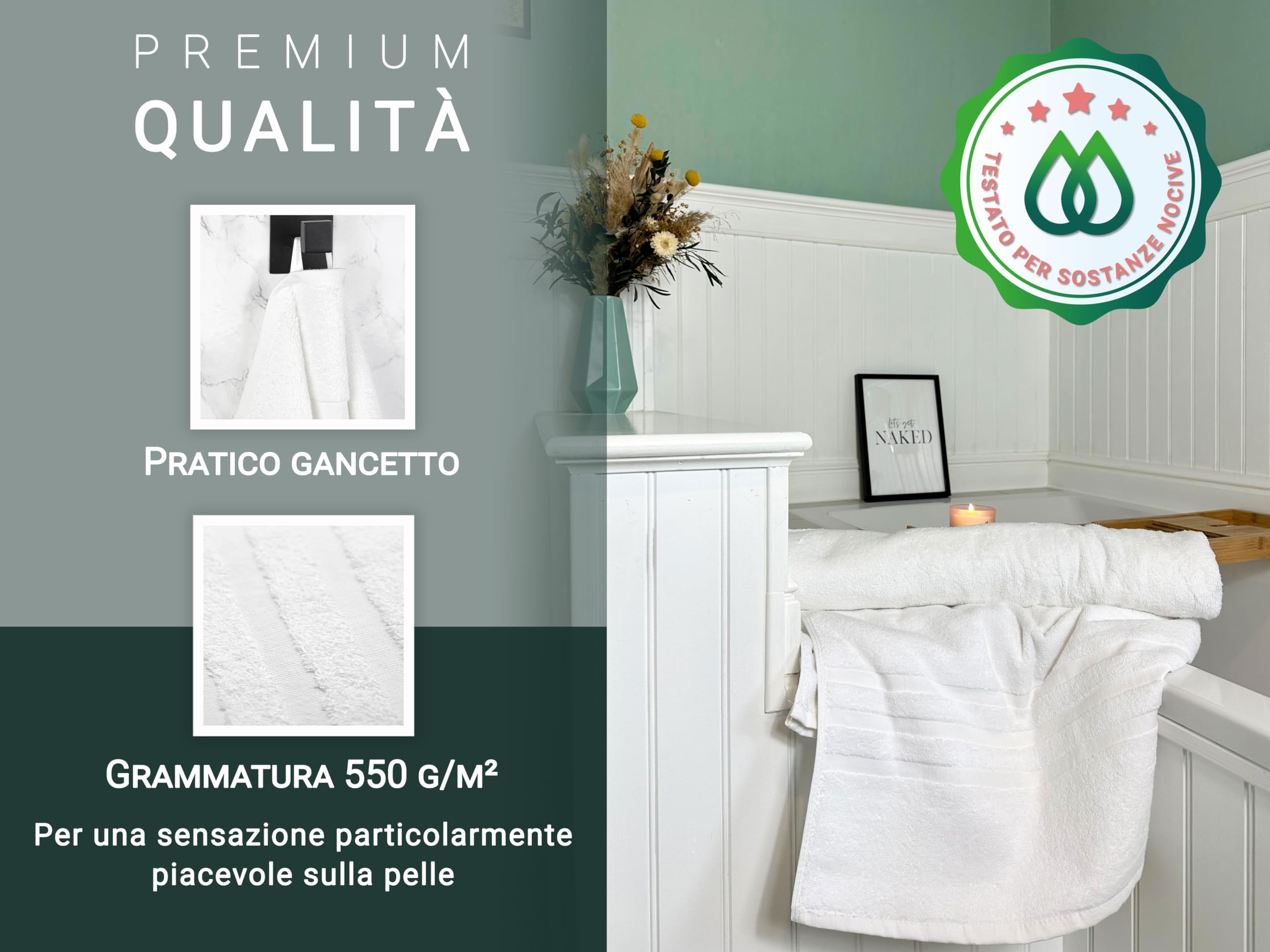 ZOLLNER set di 2 asciugamani da doccia 100x150 cm - morbidi e assorbenti teli grandi bianchi - con pratico gancetto - lavabili fino a 95°C - cotone - qualità alberghiera