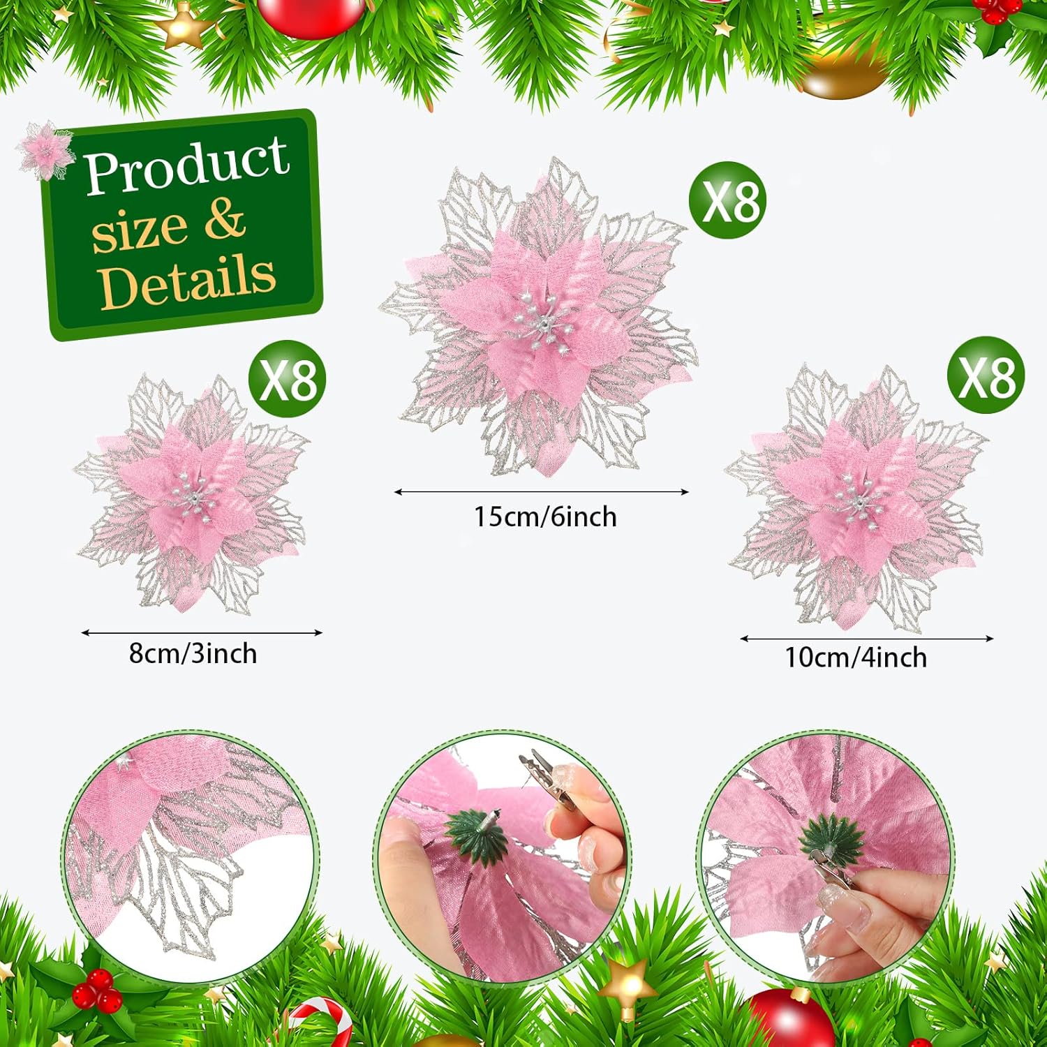 Geosar 24 Pieces Happy New Year Glitter Poinsettia Flowers Layered Artificial Flowers Wedding New Year Tree Ornaments 3/4/6 Inch(Pink) - Image 3