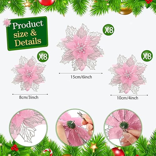 Miniatura 2 de Geosar 24 flores de Pascua con purpurina para Año Nuevo, flores artificiales en capas, adornos para árbol de boda y Año Nuevo, 346 pulgadas (rosa)