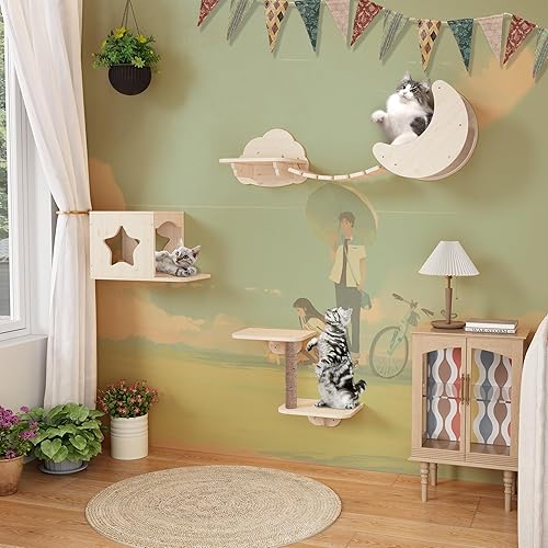 Miniatura 8 de Estantes de pared para gatos, juego de 5 piezas para bricolaje de madera maciza para gatos, estrellas y condominios, perchas para gatos, poste
