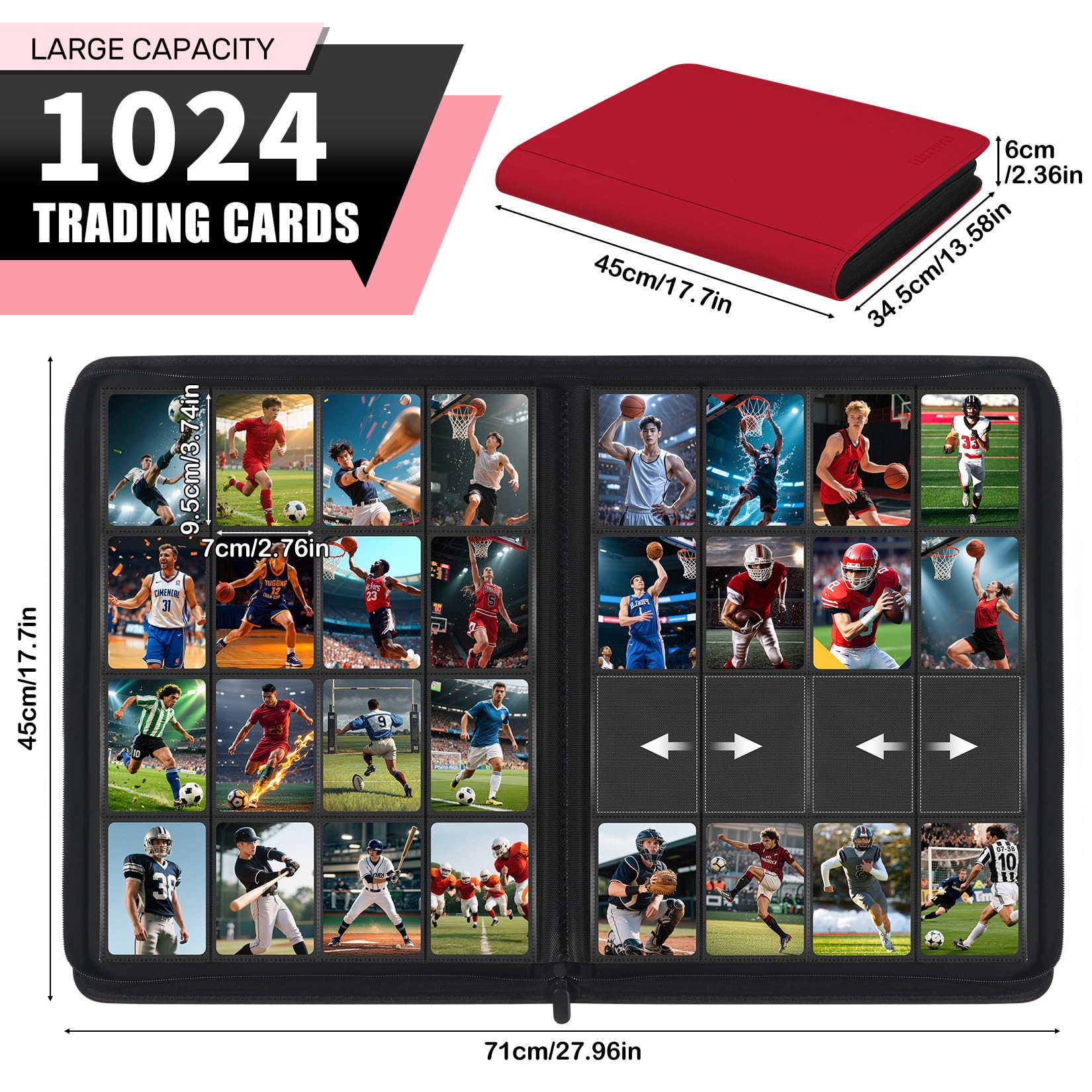 WITHYU Álbum de Colección de 16 Bolsillos, Capacidad 1024 Cartas. Carpeta Impermeable de Carga Lateral con Cremallera para TCG, Fútbol y Cartas Coleccionables, Portátil (Burdeos)