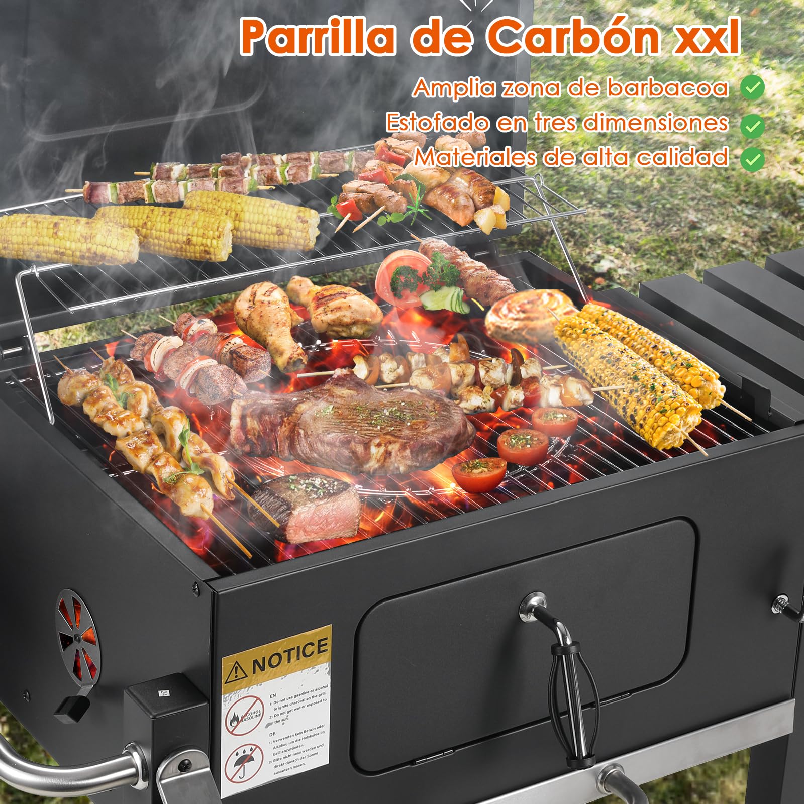 Parrilla barbacoa carbon, Barbacoas de carbon, Parrilla de Carbón Vegetal con Ruedas, Parrilla Barbacoa con tapa, BBQ en Jardín y Exteriores, Gran Capacidad, Negro, 116,3x105,5x55,7cm