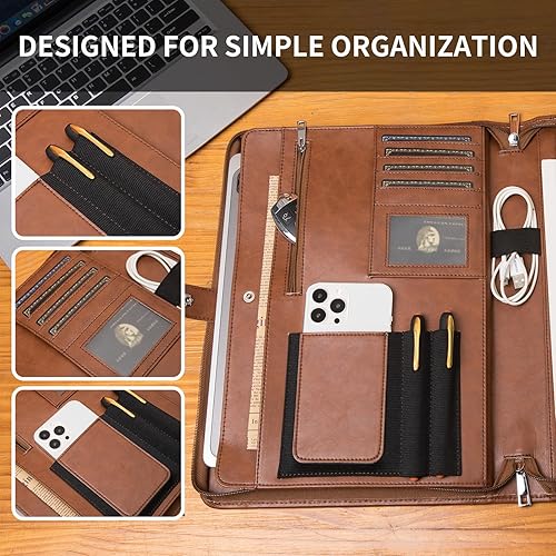 Miniatura 8 de Cartera de cuero vegano con soporte para bloc de notas de 8.5 x 11 pulgadas y bolsillo para laptop de 13.3 pulgadas, organizador de carpetas de