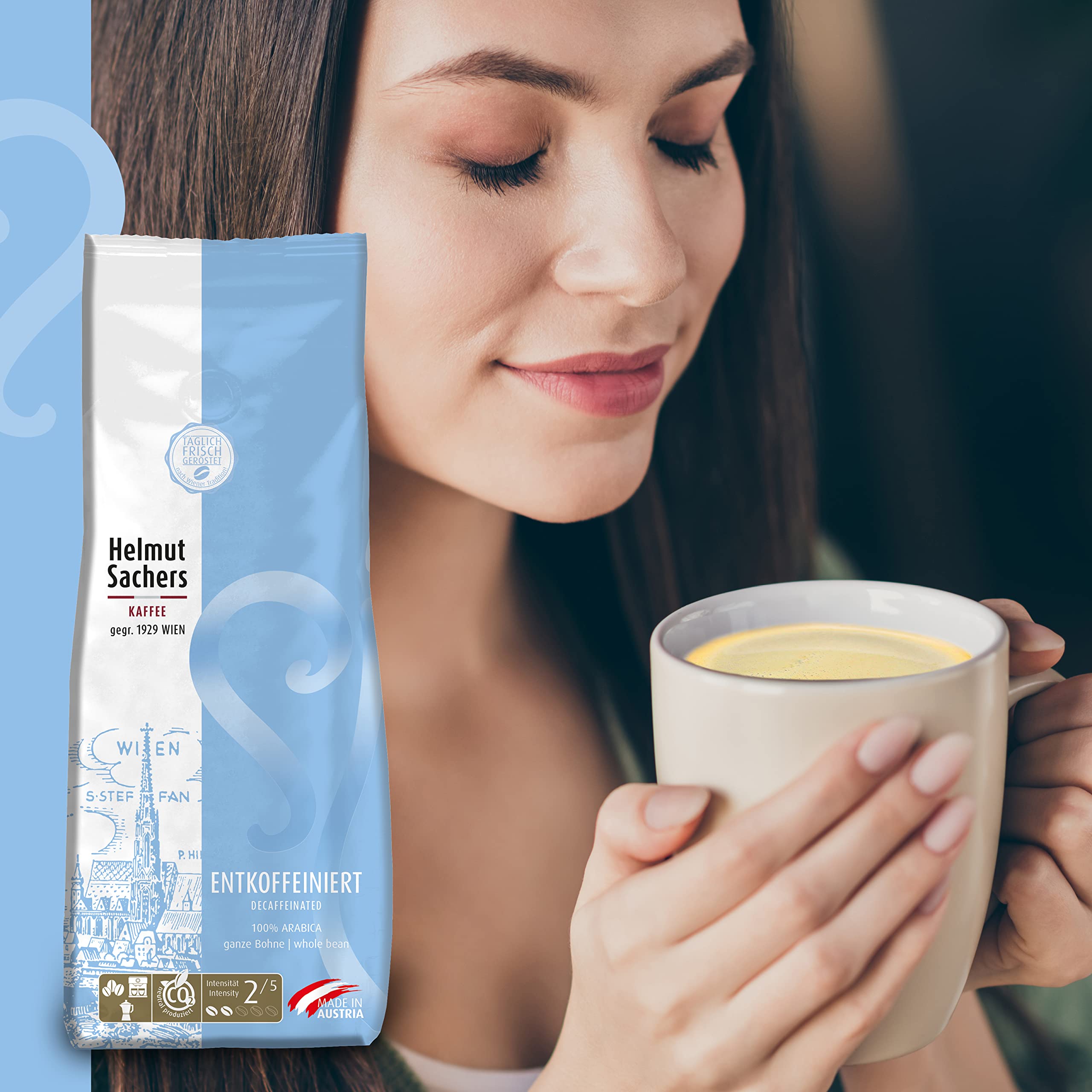 Helmut Sachers Kaffee - bezkofeinowe, delikatnie bezkofeinowe ziarna columbia o pełnym smaku, trwale palone w Austrii - całe ziarna kawy, 6 x 500 g