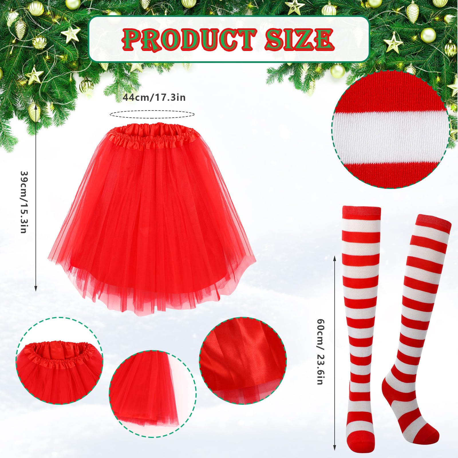 Hifot 6 Pack Christmas Costumes for Women, Santa Hat, Red Tutu, Striped Knee High Socks - Image 3