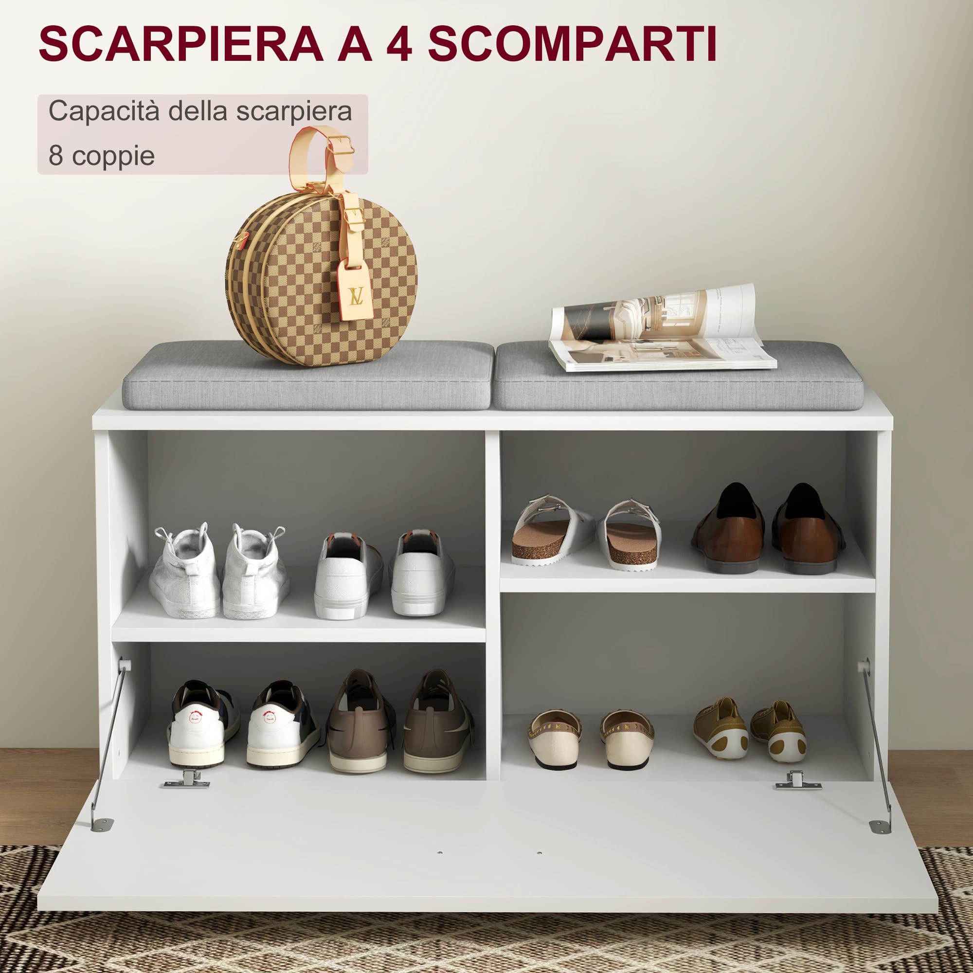 HOMCOM Set 4 in 1 Mobili da Ingresso con Appendiabiti, Specchio, Panca con Cuscini e Scarpiera per 8 Paia di Scarpe, Bianco