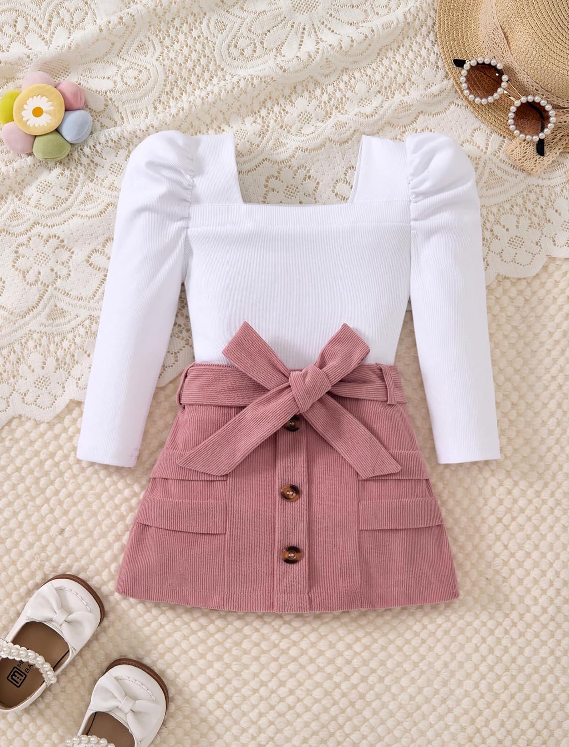 Toddler Girl Outfits Square Neck Puff Sleeve Top Skirt Set Fall Winter Clothes for Girls 2-7 Years - Image 7