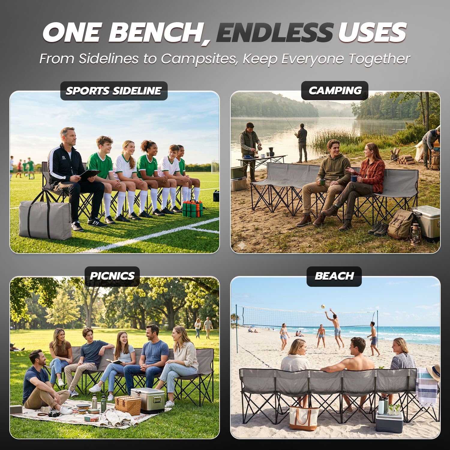Flexzion Panca pieghevole portatile, 6 posti, panca da calcio pieghevole, panca portatile per Bleacher, campeggio, con schienale e borsa per il trasporto, grigio