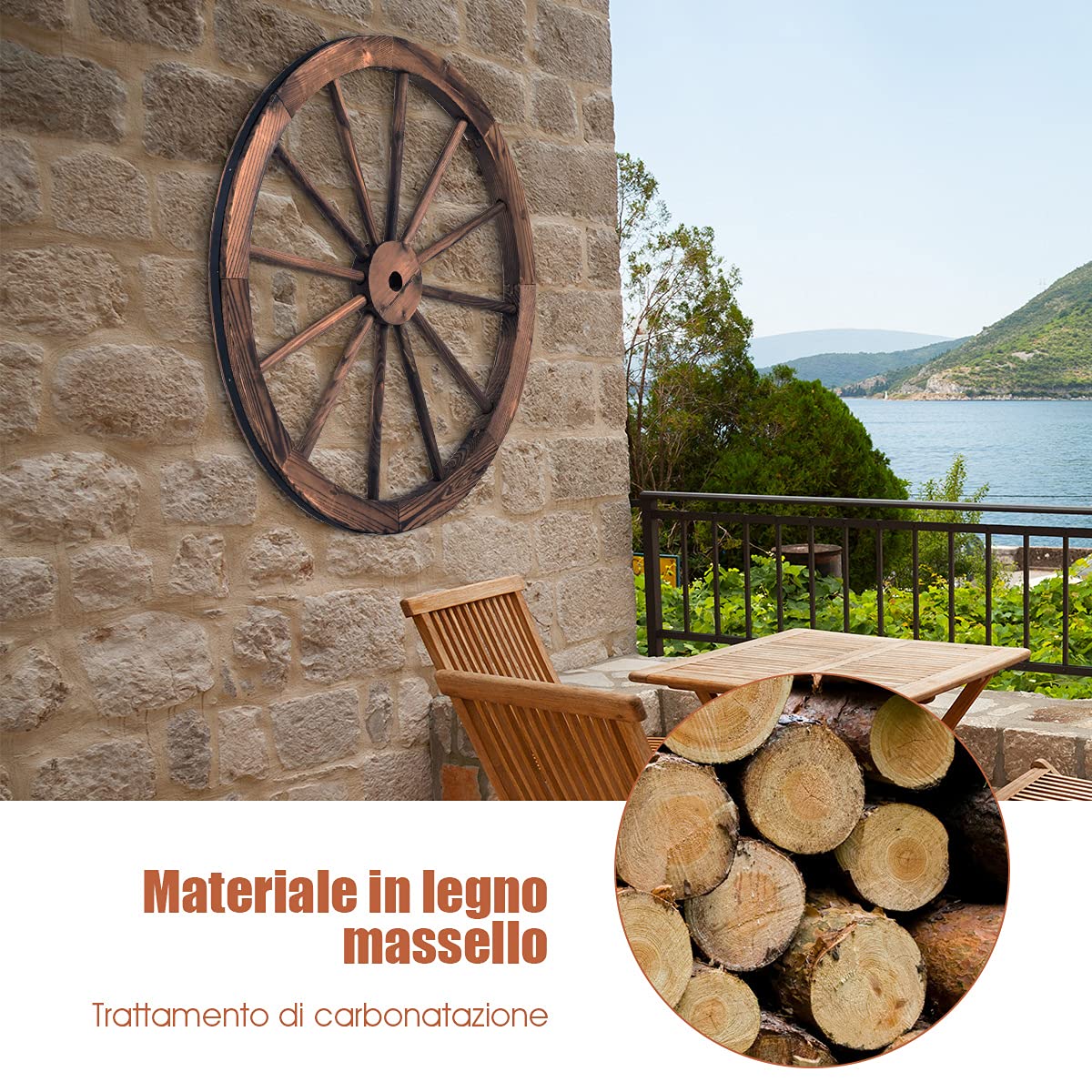 GYMAX 2 Ruote in Legno, Ruota Decorativa Interno & Esterno, Marrone 76 x 76 x 3,5 cm