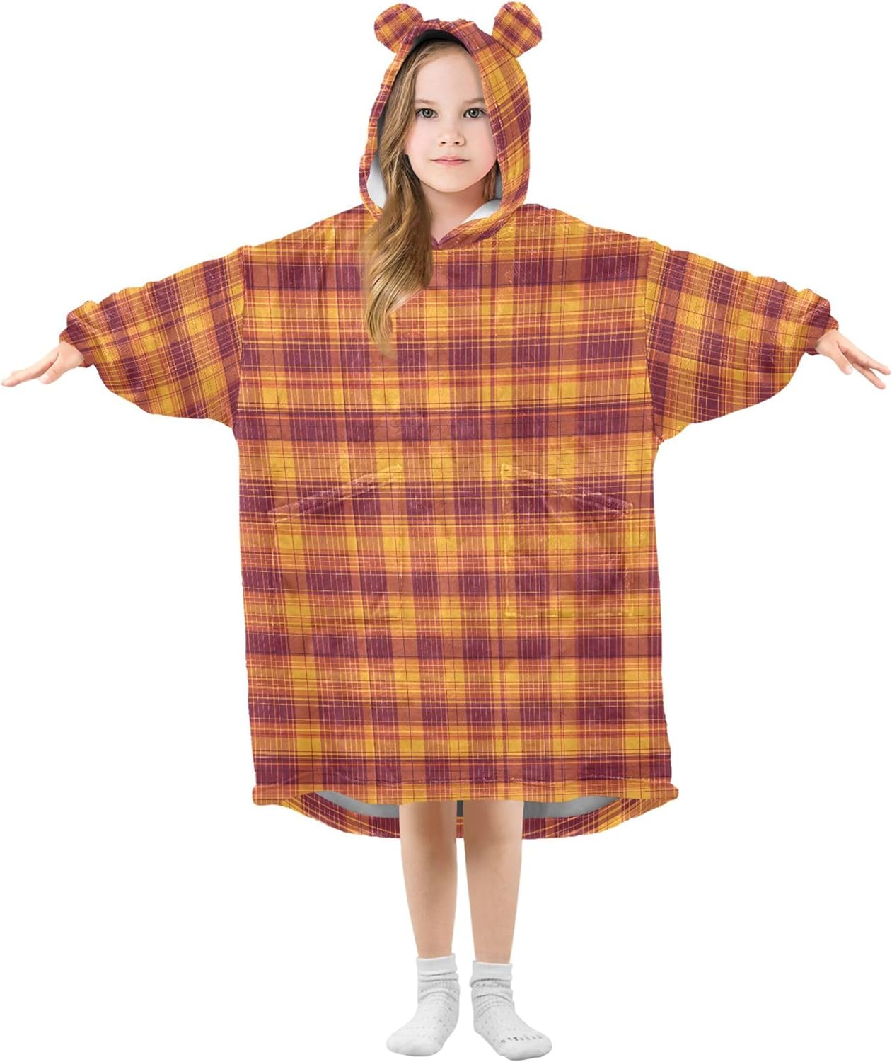 Orange Buffalo Check Plaid Kids Wearable Blanket Hoodie and Sleeves for Toddlers, Cute Hoodies Girls B0403658