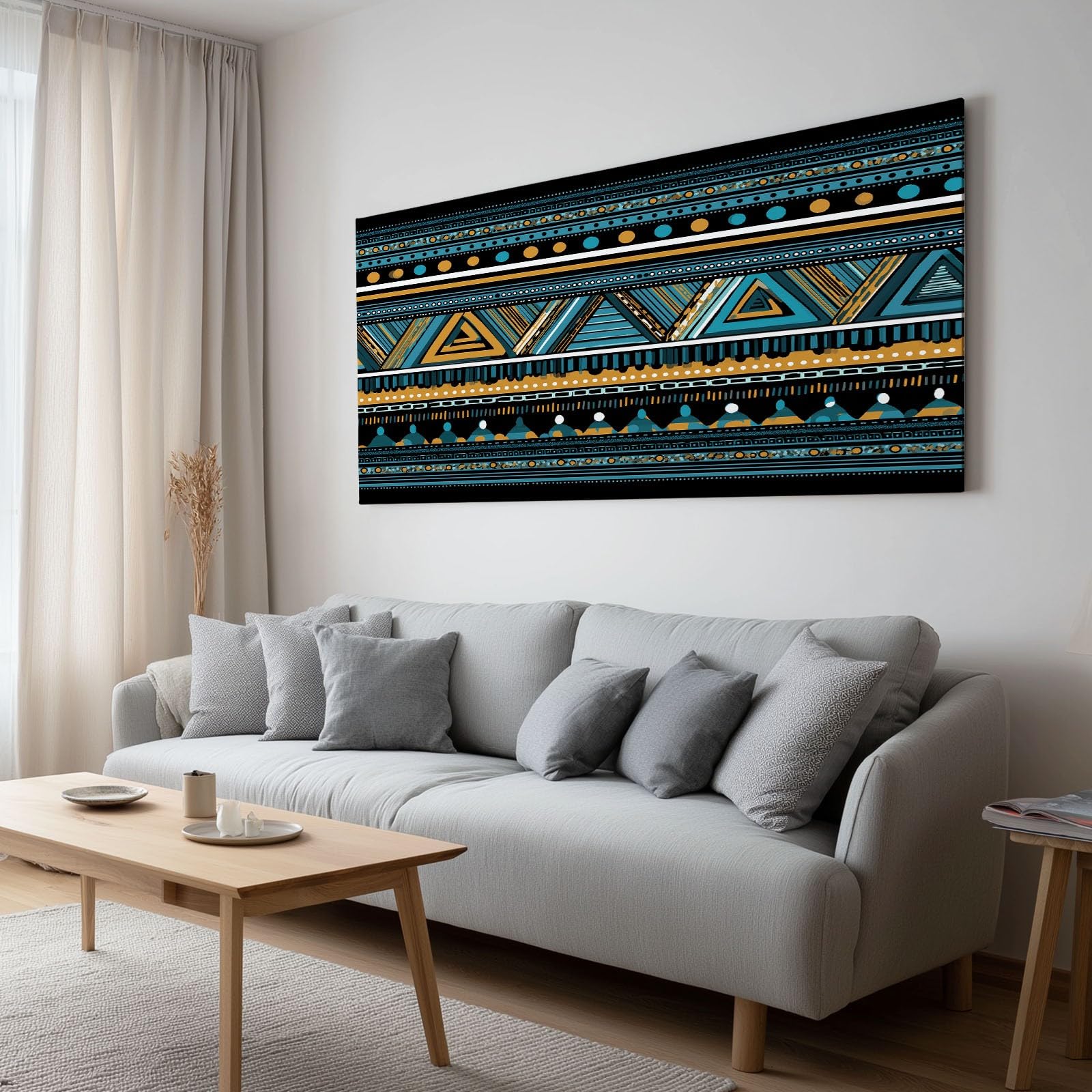 Vintage Geometrisch Dreieck Streifen Modernes Leinwandbild 90L x 60B cm mit Rahmen, Südwestlich XXL Wanddeko für Wohnzimmer Geschenk Idee Einzug - Hochwertiger Kunstdruck auf Holzrahmen