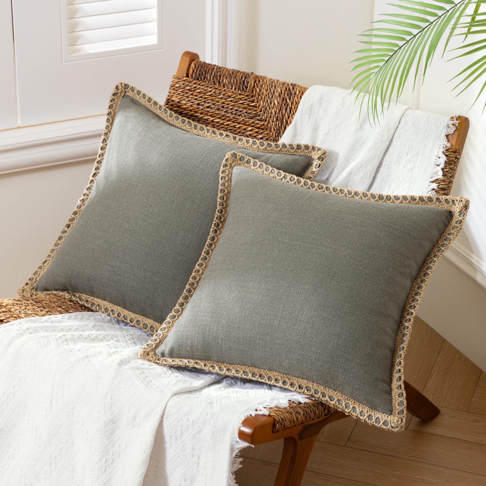 Phantoscope Paquete de 2 Fundas de Almohada Decorativas de arpillera de Lino con Bordes a Medida, Color Gris, 18 x 18 Pulgadas, 45 x 45 cm