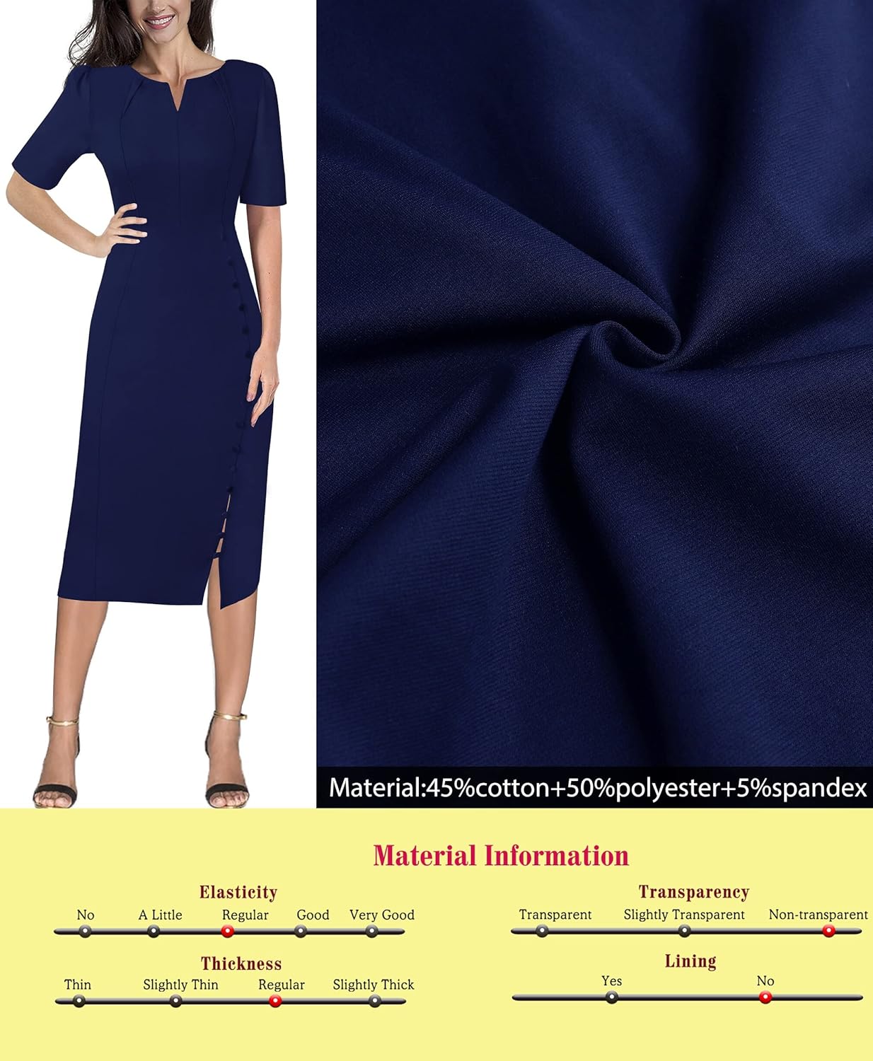 VFSHOW Womens Pleated Notch V Neck Buttons Split Work Office Business Slim Bodycon Pencil Sheath Midi Dress - Image 6