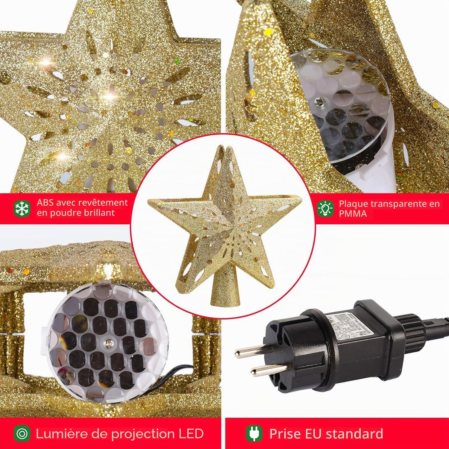 Avoalre Pointes de Sapin Projecteur 3D Rotation Étoile Sapin de Noël LED Arbre Topper Lumineuse Rotatif Decoration pour Arbre de Noël Interieur Exterieur-Doré(Etoile)
