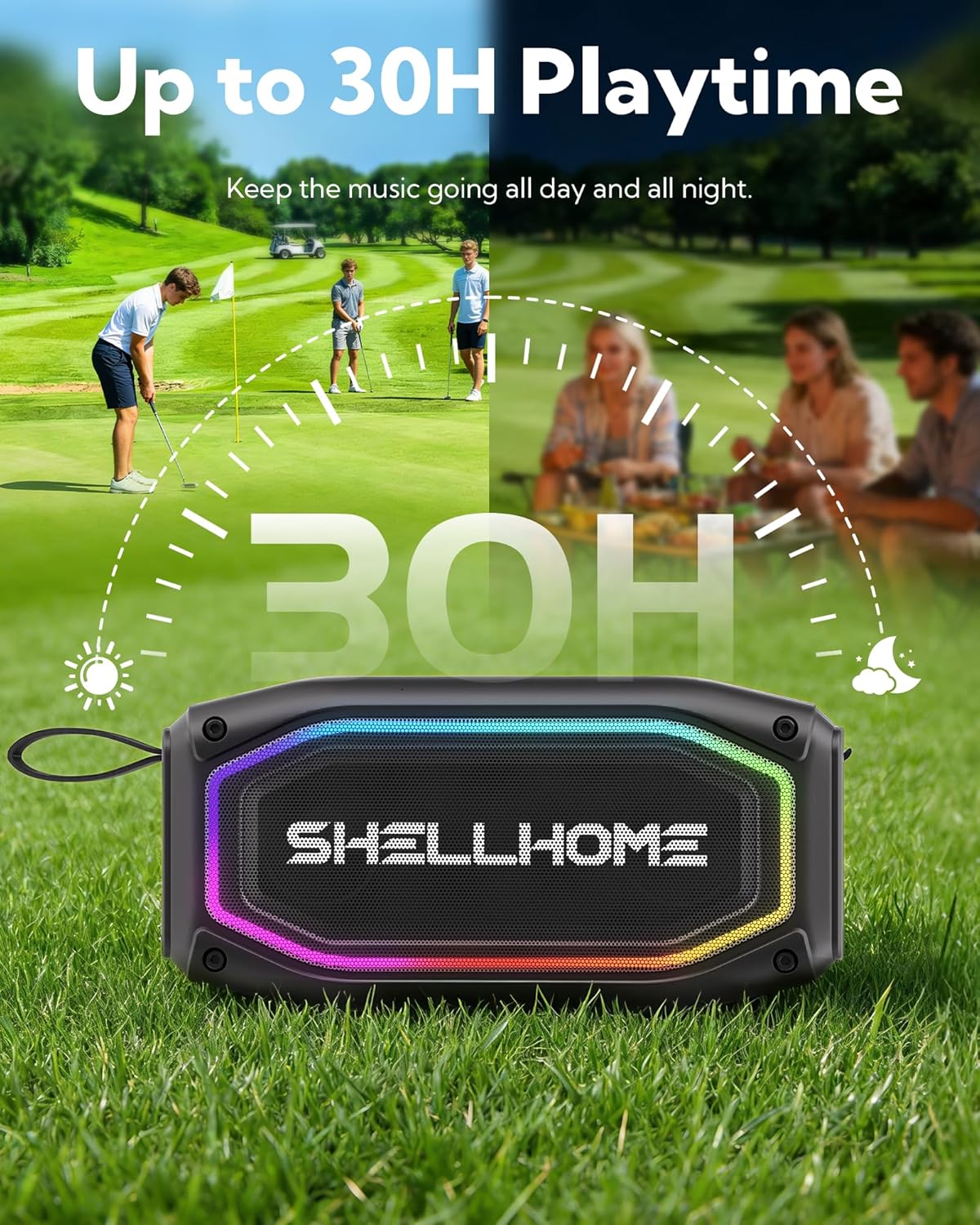 ShellHome Golf Magnetic Bluetooth Speakers, Portable Wireless Waterproof Speaker, 30H Playtime, IPX6, Shockproof, TWS Stereo, RGB Lights, Golf Cart Accessories, Golf Gifts, for Outdoor, Camping