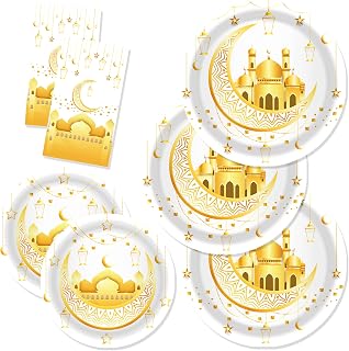 CC HOME Gold White Moon Birthday Paper Plates Napkins Eid Mubarak Disposable Tableware Set Party Supplies Ramadan Theme Dinnerware Serves 24 Guests for Audlts Kids Baby Shower Birthday 88PCS