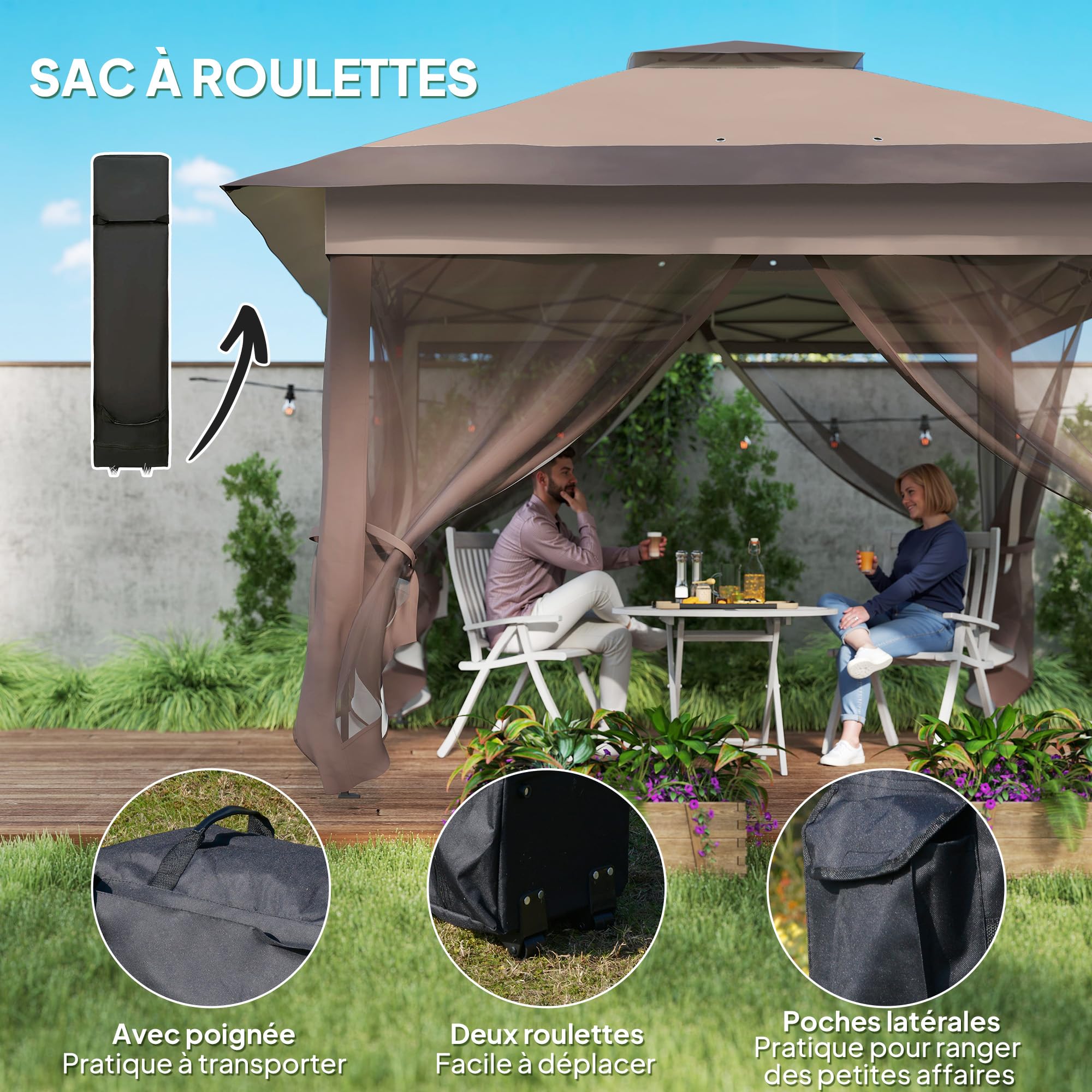 Outsunny Tonnelle de Jardin Extérieur Pliante 3,6x3,6m Kaki Marron