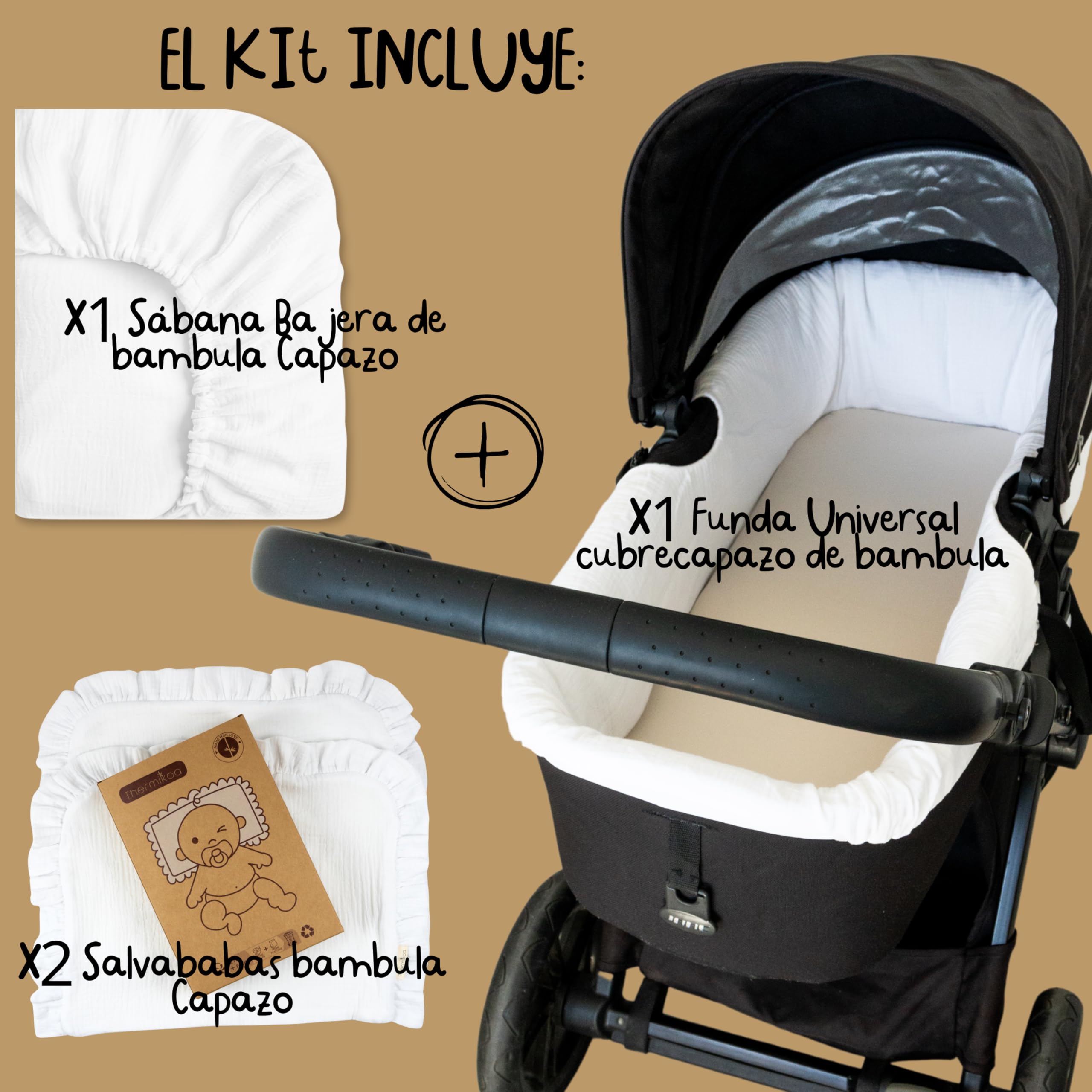 Thermikoa Kit Housse Nacelle Universelle en Mousseline 100% Coton avec Drap Housse et Protège Bavouille Bébé – Habillage Intérieur Confortable et Respirant pour Landau