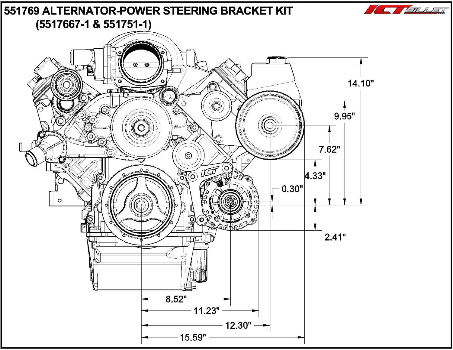 ICT Billet LS Corvette Low Mount Alternator, Power Steering Pump Brackets LSX LS1 LS3 LS2 551769-1