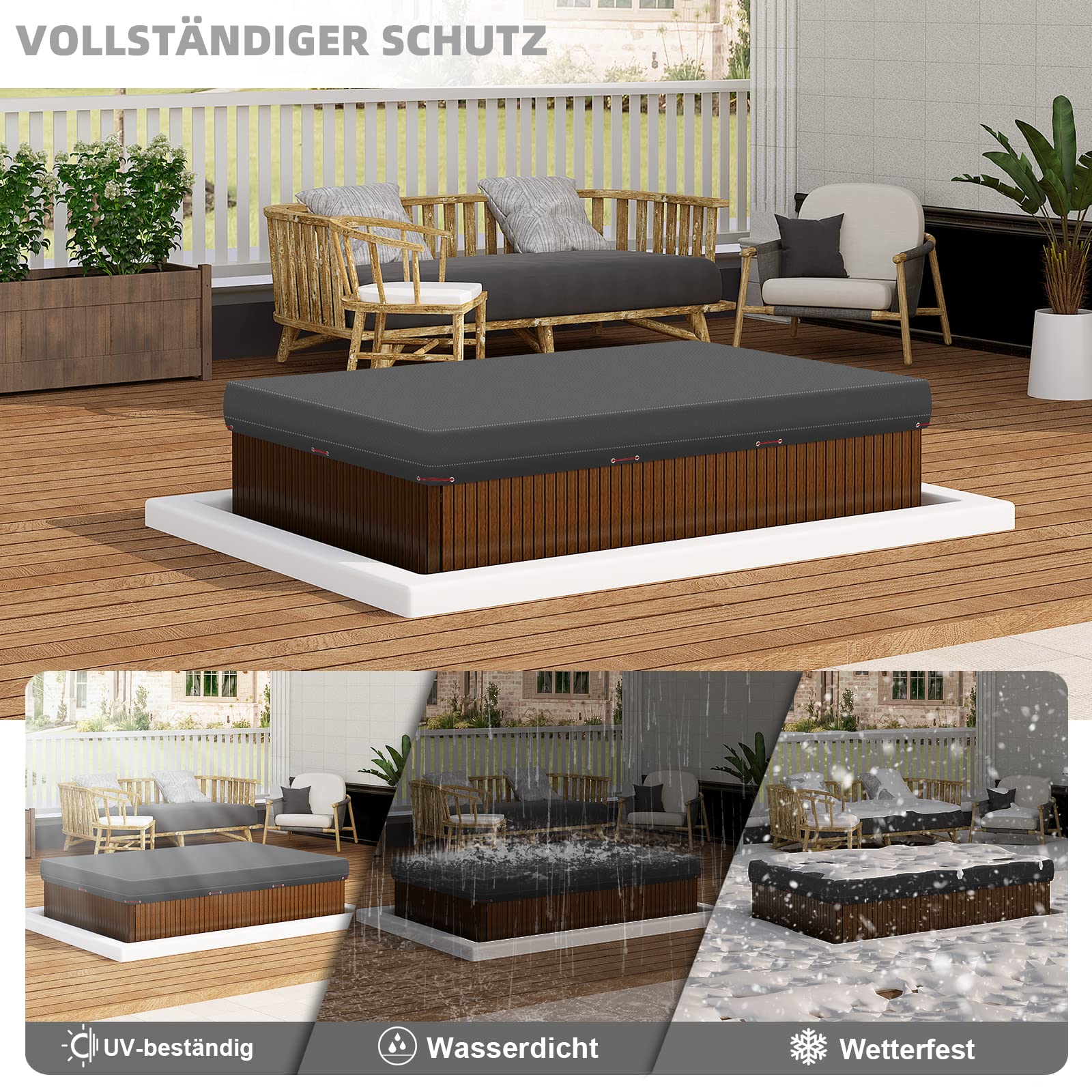 WOLTU Poolabdeckung Rectangular 300x200x20cm wasserdicht, Solarplane Winterabdeckplane aus 200 g/m² PE, Abdeckplane mit Drahtseil und Aluminium-Befestigungselement, dunkelgrau